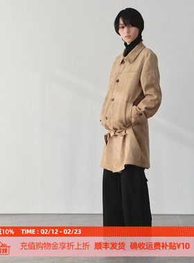 DOSORDONTS 2025秋冬新款复古廓形麂皮绒中长款翻领风衣外套女