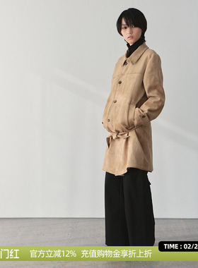 DOSORDONTS 2025秋冬新款复古廓形麂皮绒中长款翻领风衣外套女