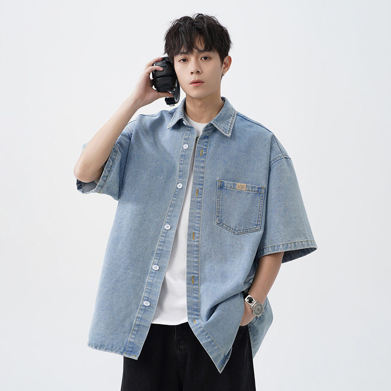 做旧水洗牛仔短袖衬衫男2025春夏新款复古宽松日系休闲衬衣外套