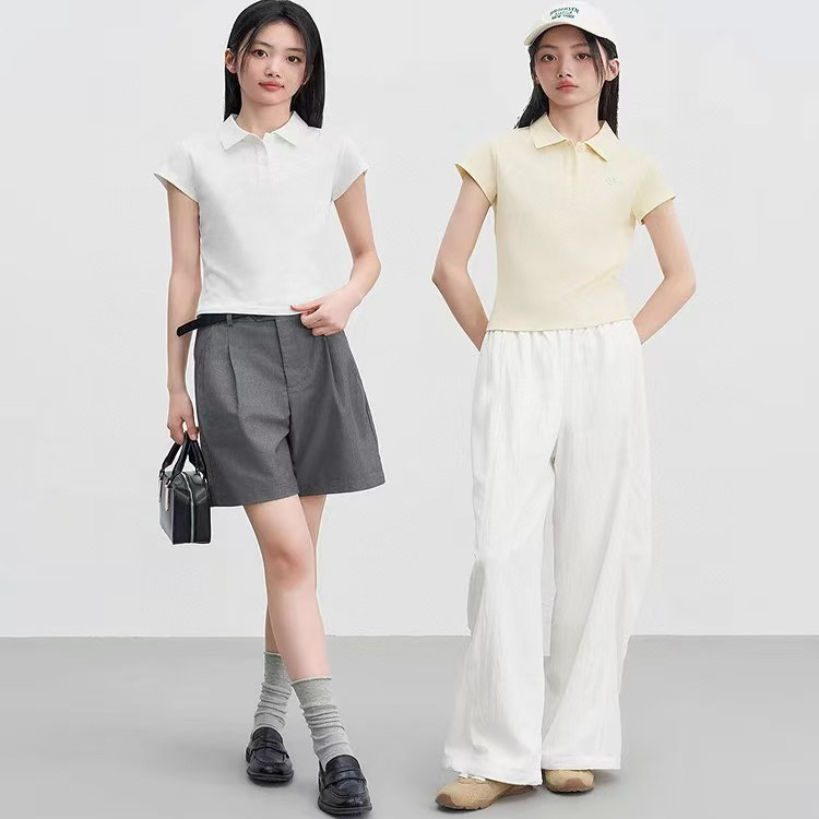 2025年夏季小清新新款纯色女士Polo短袖T恤