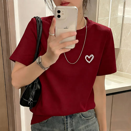 纯棉刺绣T恤女刺绣心短袖红色正肩短袖t恤马t恤圆领洋气抗起球