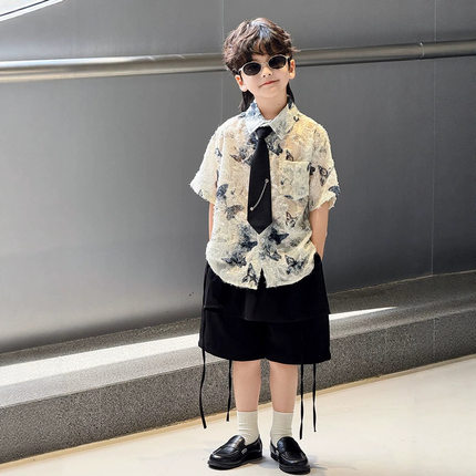 男童蝴蝶衬衫夏季新款儿童痞帅短袖衬衣套装休闲洋气主持人演出服