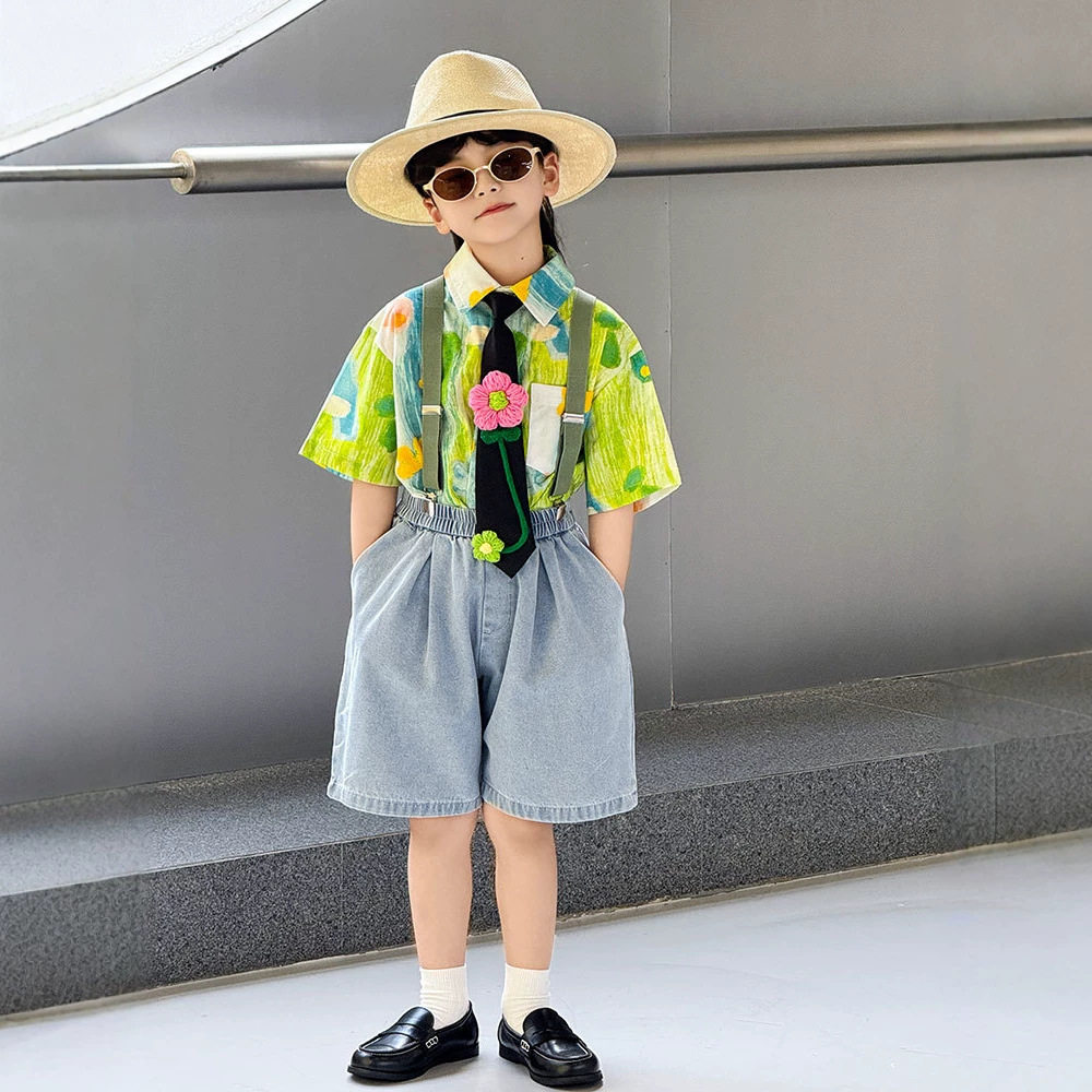 男童绿色短袖衬衫夏季痞帅棉衬衣