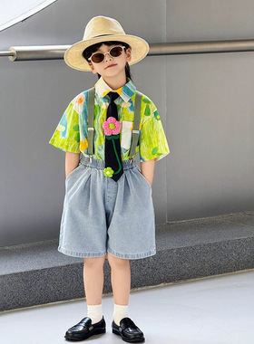 男童绿色短袖衬衫夏季新款儿童痞帅印花棉衬衣休闲洋气走秀演出服