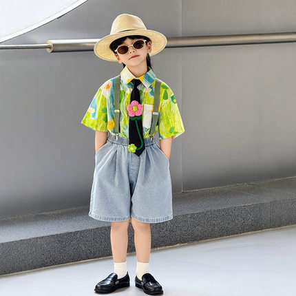 男童绿色短袖衬衫夏季新款儿童痞帅印花棉衬衣休闲洋气走秀演出服