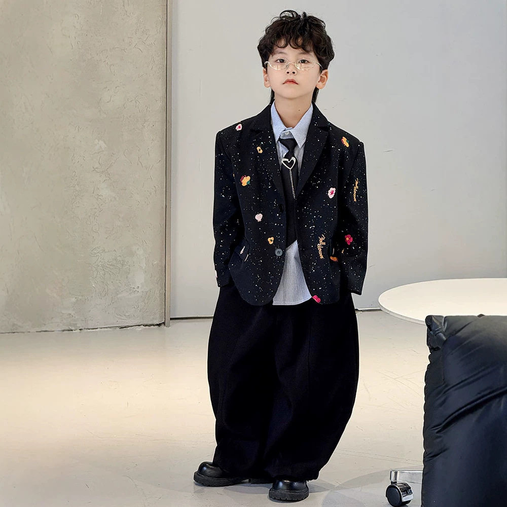 男童西装套装秋季新款儿童学院风痞帅刺绣西服休闲主持走秀演出服