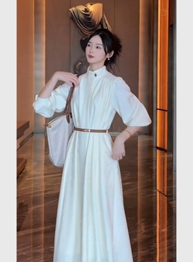 大码胖mm法式独特白色连衣裙女装秋季收腰长裙气质温柔风显瘦裙子