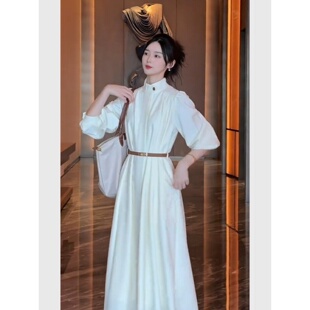 大码胖mm法式独特白色连衣裙女装春季收腰长裙气质温柔风显瘦裙子