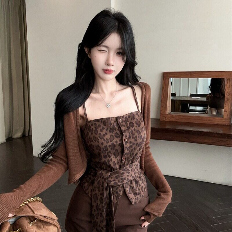 大码胖MM美式复古豹纹绑带吊带背心夏季新款防晒针织开衫时尚套装