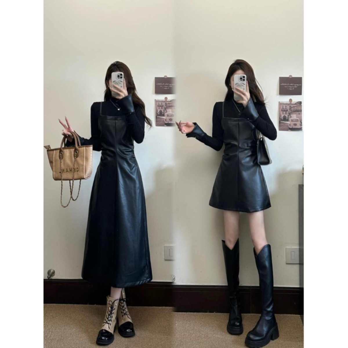 法式气质立领拼接假两件长袖裙子