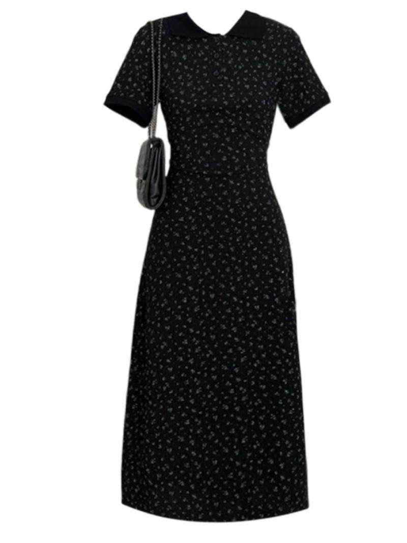 大码胖mm赫本风碎花小黑裙女夏季修身显瘦收腰短袖连衣裙长裙子潮