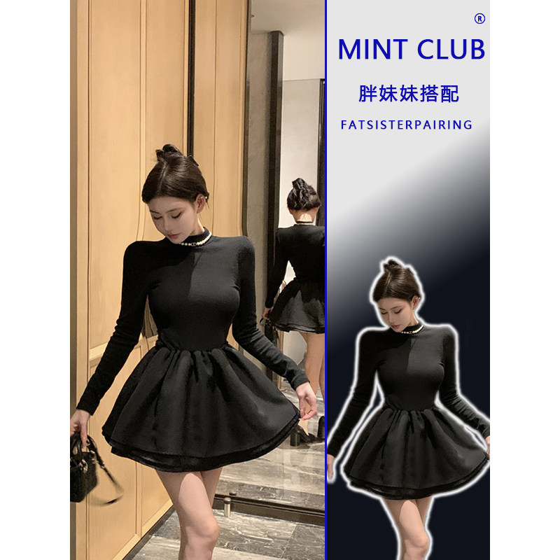 大码千金风设计感黑色立领连衣裙图片