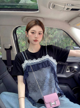 大码胖MM法式假两件拼接正肩短袖T恤女夏季宽松巨显瘦超好看上衣