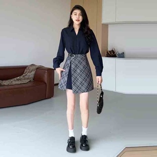 大码胖妹妹复古一片式拼接衬衫连衣裙女秋季新款设计感收腰长裙子