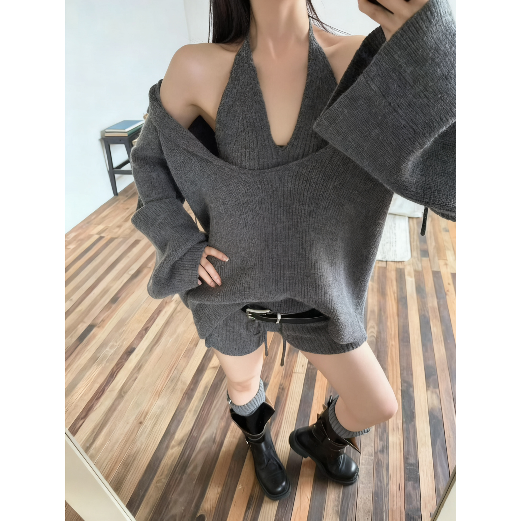 大码胖mm美式针织套装女秋季辣妹挂脖背心加连帽卫衣加短裤三件套,女装/女士精品,时尚套装,淘宝优惠券,粉丝福利购,淘宝优惠卷