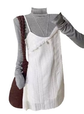 大码胖MM白色吊带连衣裙女春秋季高级感叠穿纱裙罩裙打底短裙套装