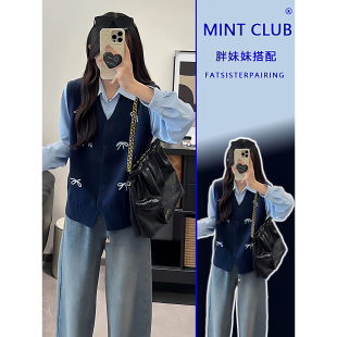 减龄衬衣女韩式 胖MM遮肉大码 复古马甲拼接假两件针织上衣 新款 春季