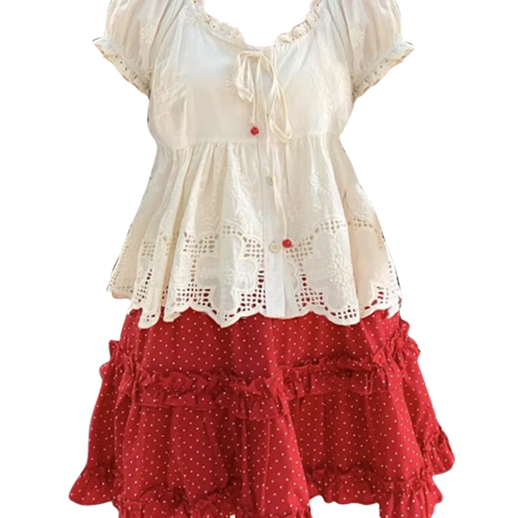 夏季胖mm小众波点半身裙两件套