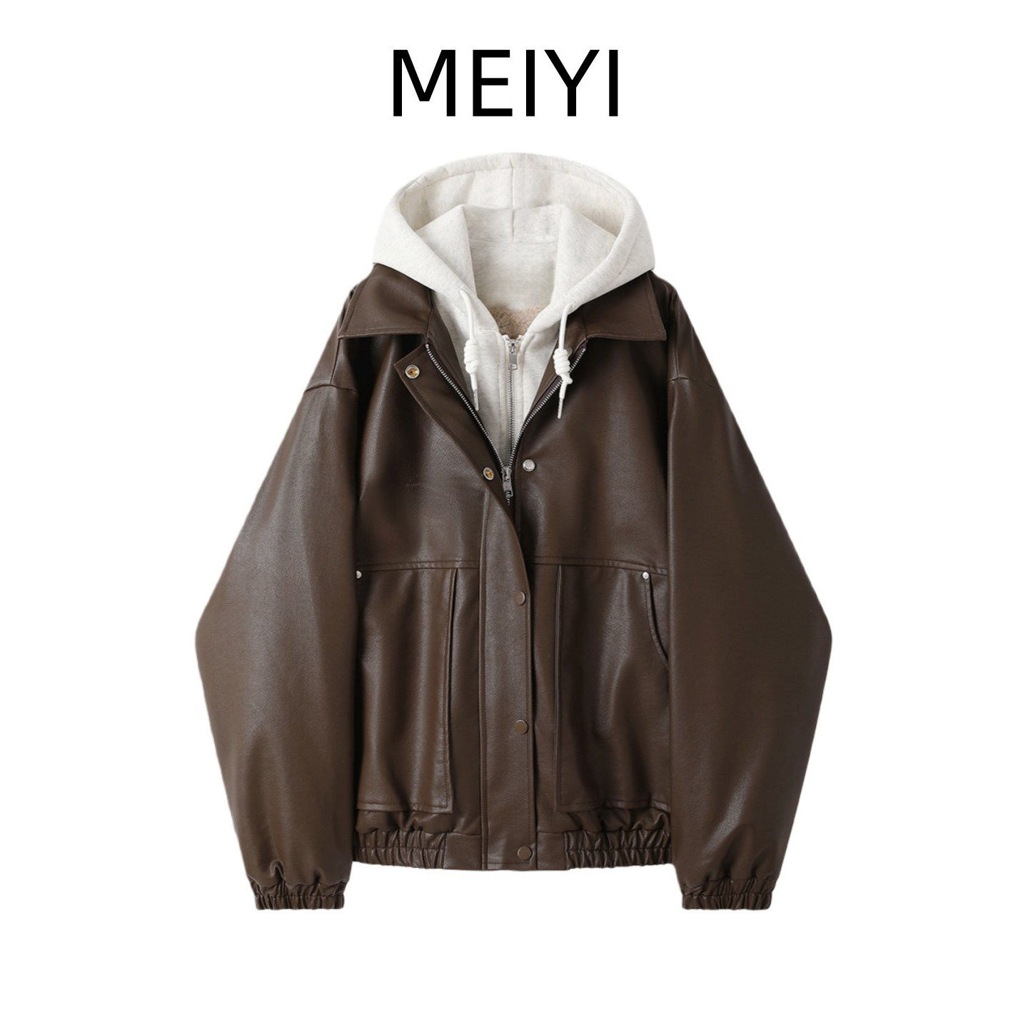 大码法式高级感假两件连帽长袖皮衣外套女胖mm时尚气质短夹克上衣,女装/女士精品,短外套,淘宝优惠券,粉丝福利购,淘宝优惠卷