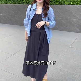大码 衬衫 内搭绑带背心连衣裙两件套装 胖MM设计感翻领蓝色条纹长袖