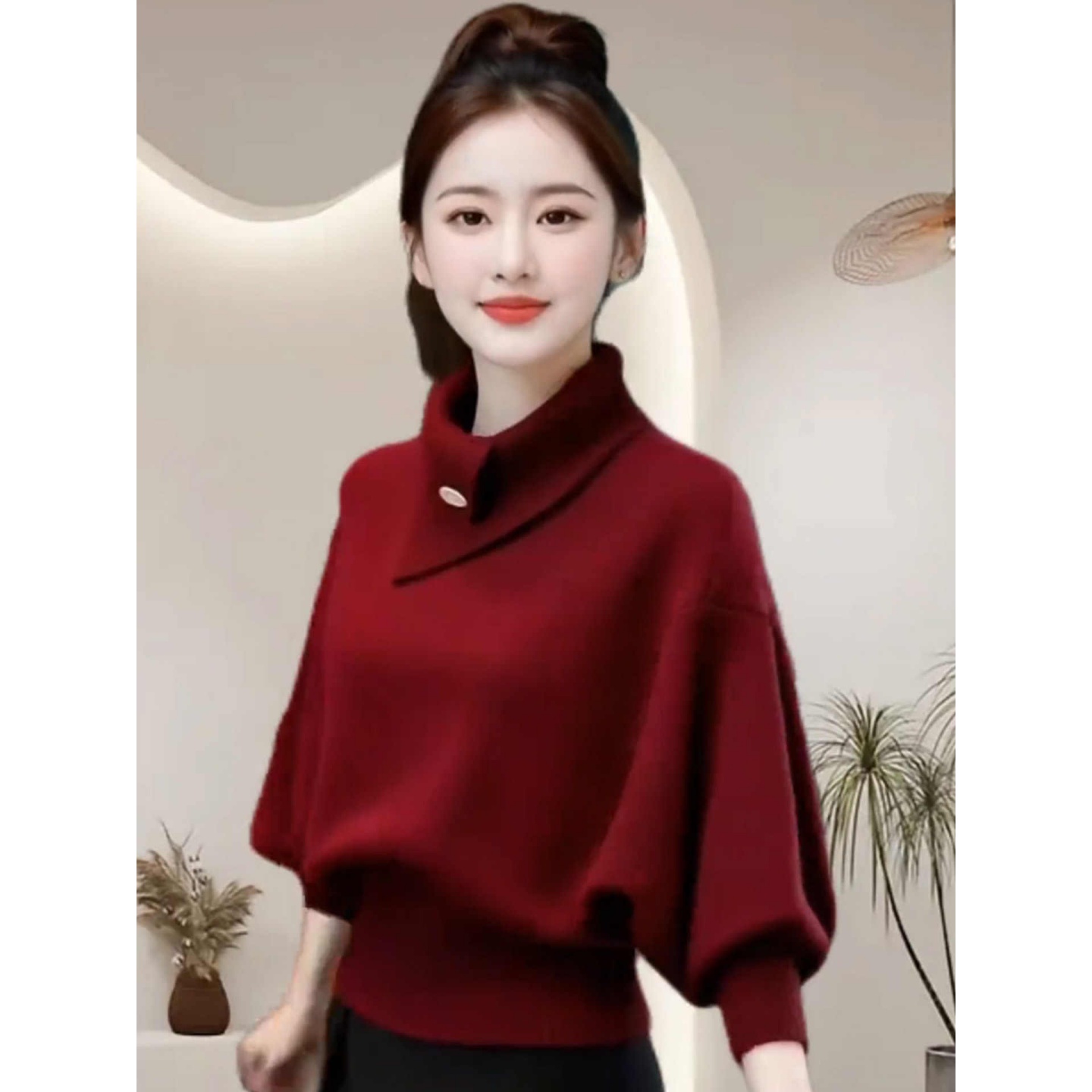 大码复古风红色翻领百搭短款毛衣