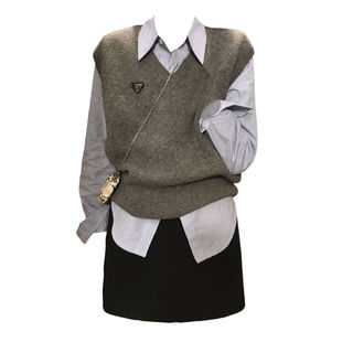 女学院风马甲背心短裙三件套 衬衫 大码 胖mm设计感百搭复古条纹长袖