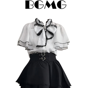 女夏季 大码 胖MM法式 复古蕾丝拼接蝴蝶结衬衫 高腰半身裙两件套 新款