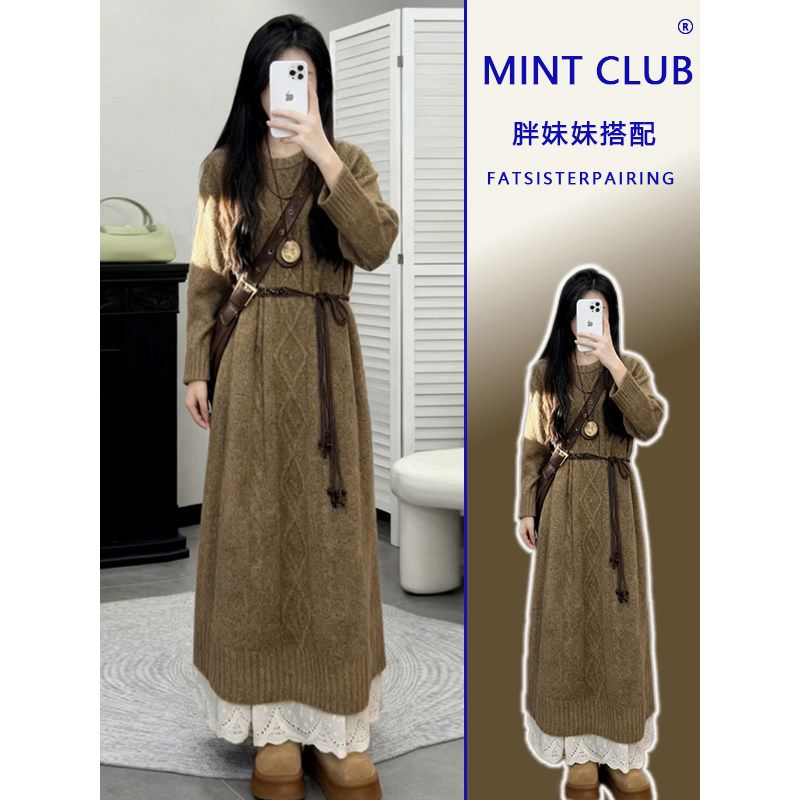 大码法式轻熟风圆领系带针织连衣裙女春季胖mm高级感修身显瘦长裙
