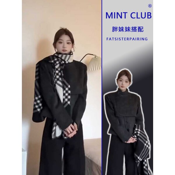 大码松弛风立领不规则拼接毛呢外套女胖妹妹春季新款百搭修身上衣