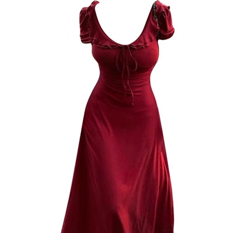 大码胖妹妹v领口绑带a字长裙子夏季收腰显瘦红色高级感连衣裙女潮