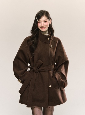 大码胖mm韩系复古金属扣系带收腰显瘦呢子大衣秋冬百搭毛呢外套女
