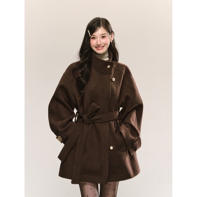 韩系复古金属扣系带收腰呢子大衣