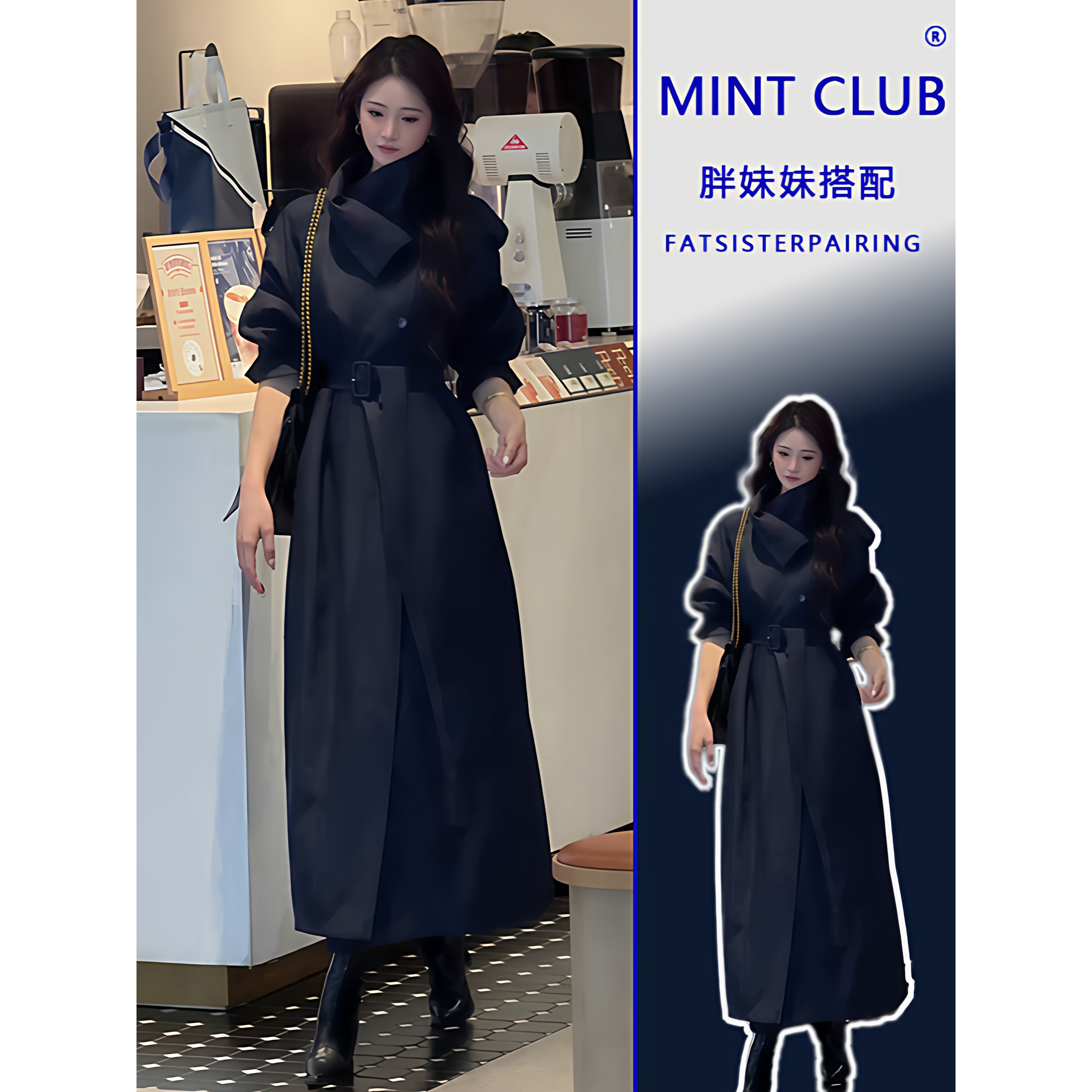 韩版气质立领中长款风衣女装春秋新款大码胖mm收腰显瘦藏青色外套