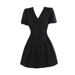 大码胖MM法式气质V领修身短款连衣裙夏季新款泡泡袖显瘦黑色裙子