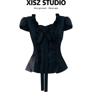 复古气质波点系带显瘦衬衫 法式 新款 上衣 胖MM收腰修身 短袖 大码 夏季