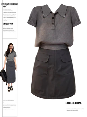 新款polo领上衣女+半身裙两件套