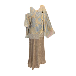 大码 新中式 国风拼接印花长裙套装 气质温柔复古吊带裙女 胖妹妹夏季