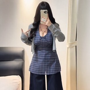 大码 开衫 女韩系蓝格纹中长款 背心上衣两件套 胖MM遮肉显瘦防晒长袖