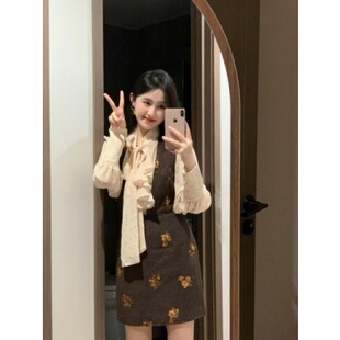 大码胖妹妹韩版内搭长袖针织衬衫加背心连衣裙显瘦叠穿两件套套装