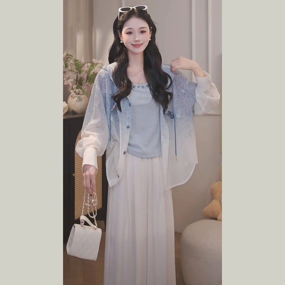 大码胖MM法式纯欲风连帽开衫女夏季新款修身显瘦背心时尚两件套装