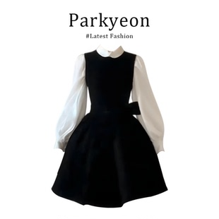 大码胖MM小香风白娃娃领春季新款衬衫叠穿黑色背心连衣裙套装女