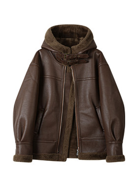 大码胖mm美式复古皮毛一体机车服外套女冬季洋气加绒加厚连帽皮衣