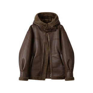 洋气加绒加厚连帽皮衣 复古皮毛一体机车服外套女冬季 大码 胖mm美式