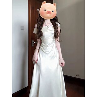 大码胖mm法式小众气质通勤斜肩连衣裙女夏季新款修身订婚礼服长裙