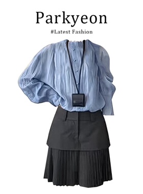 大码胖mm韩版甜美风蓝色长袖衬衫百褶半身裙女春季新款显瘦两件套