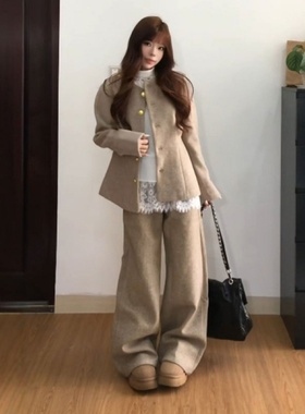 大码胖mm气质一整套女韩系时尚毛呢外套内搭蕾丝衫阔腿裤三件套装