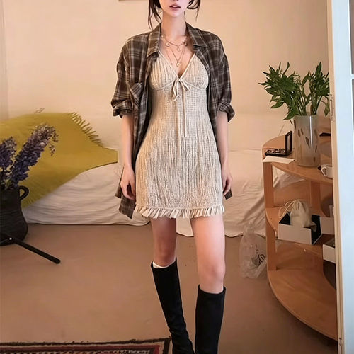 大码胖MM法式复古风格纹防晒衬衫配系带吊带连衣裙女夏季显瘦套装