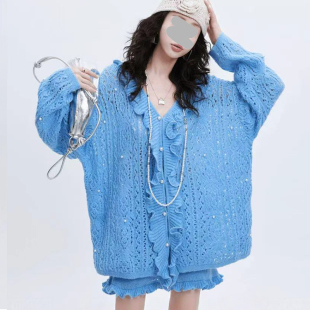 宽松显瘦套装 大码 胖mm温柔慵懒风木耳边镂空针织毛衣半身裙女春季