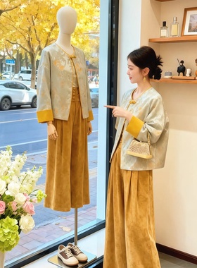 大码胖mm新中式女装禅意清冷感高端国风盘扣外套高腰阔腿裤两件套