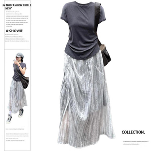 正肩t恤上衣半身长裙两件套装 胖mm轻熟风穿搭一整套女夏短袖 大码